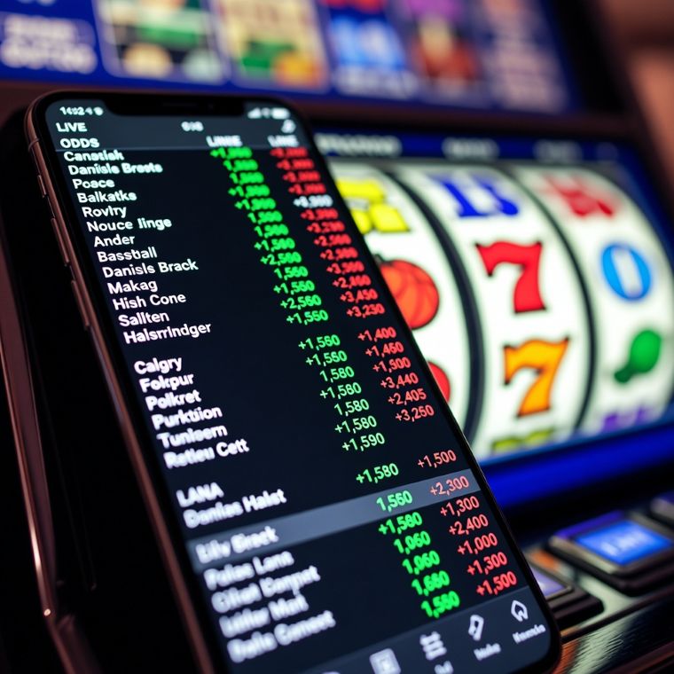 A smartphone screen showing fast moving sports odds next to slot game reels.