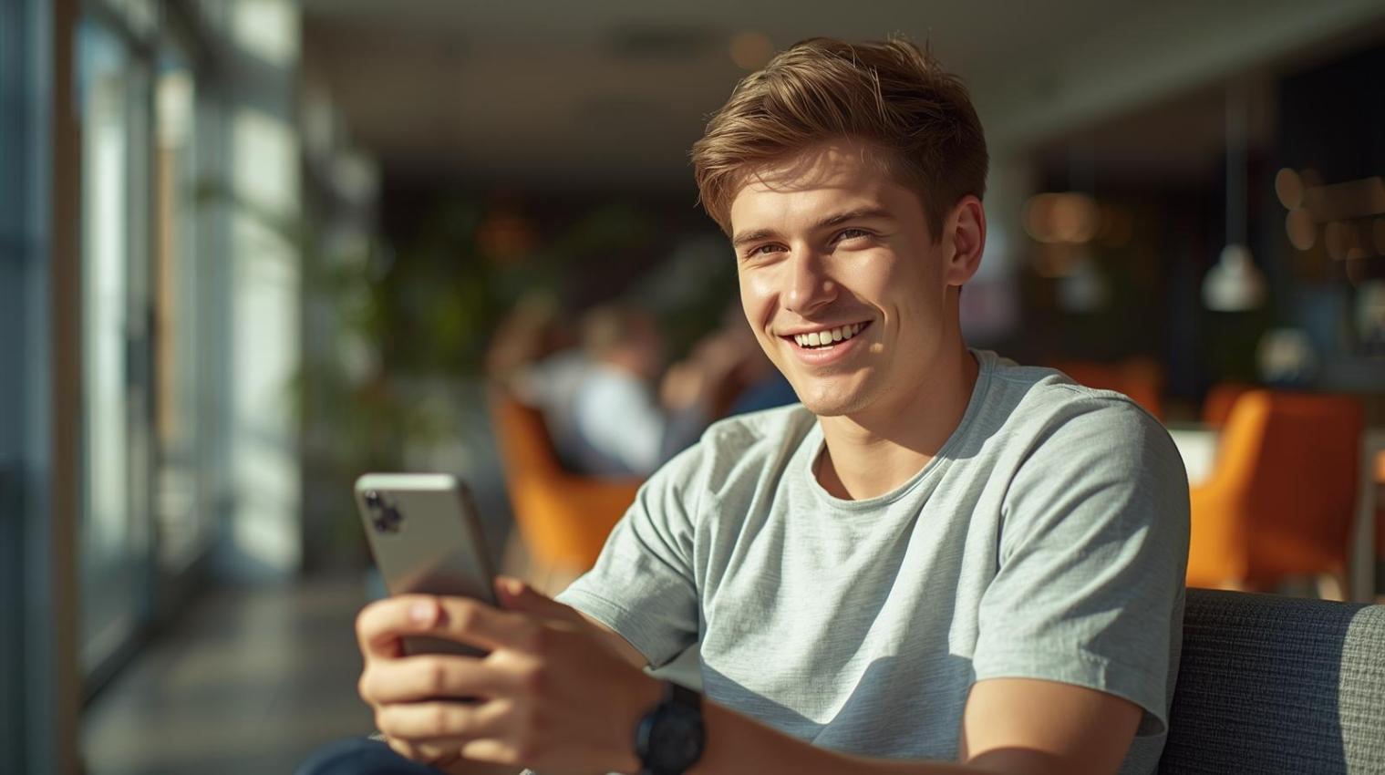 Young bettor enjoying a relaxed mobile betting moment in a bright modern café.